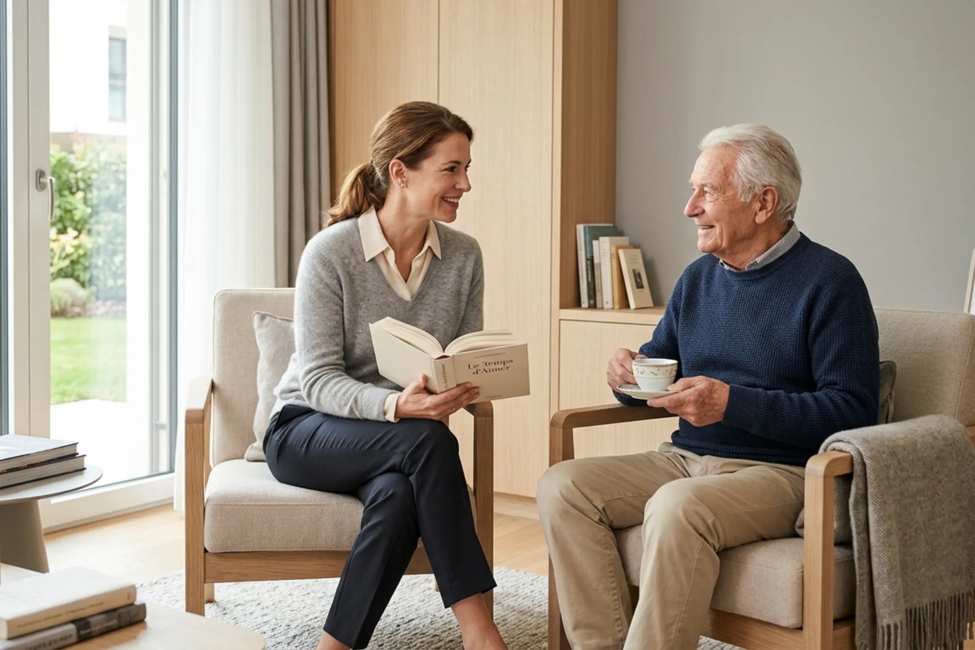 Curis+ private companion sharing conversation and reading with a senior in a comfortable Swiss suite