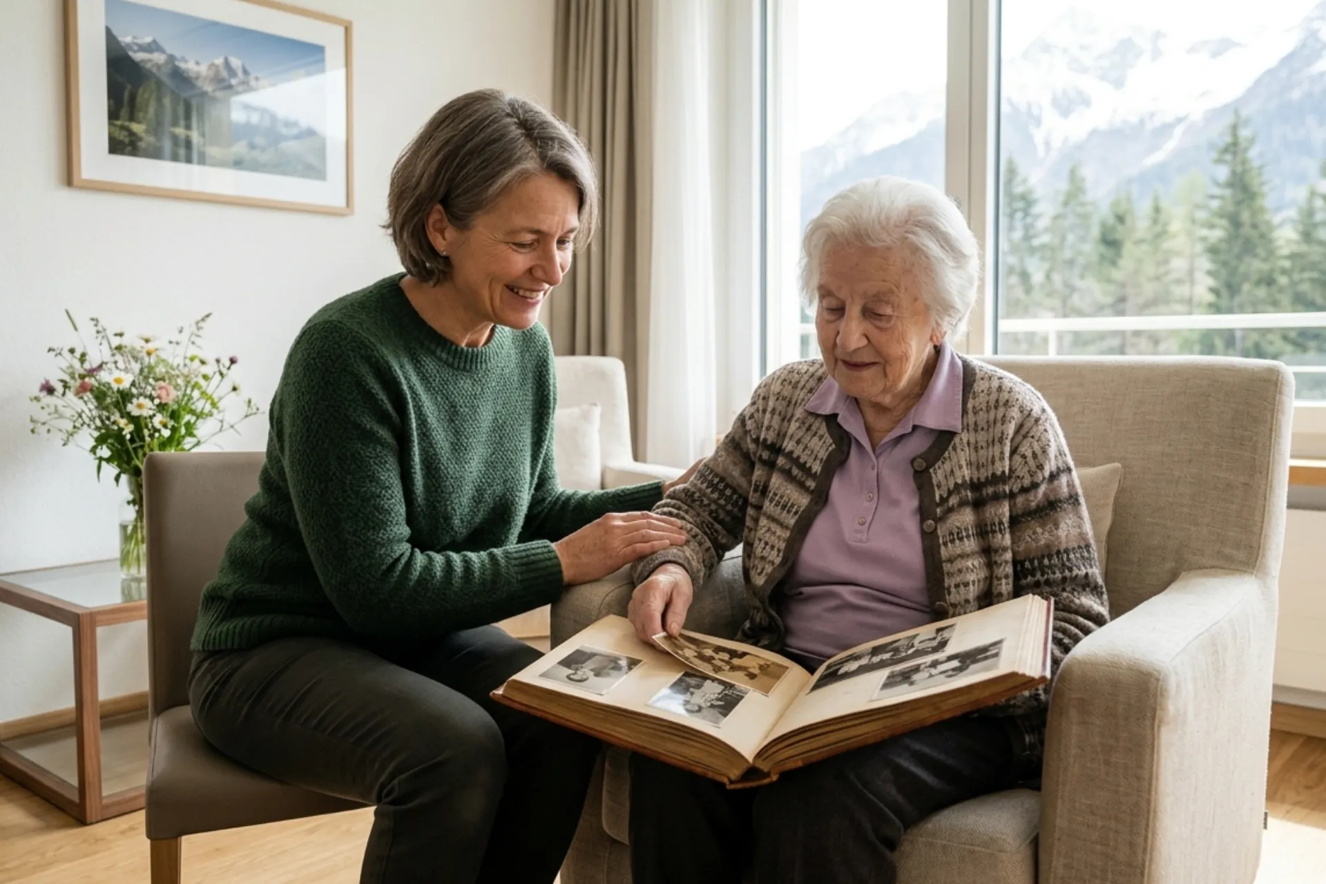 Curis+ companion and older senior woman looking through family photographs together in a Swiss clinic suite